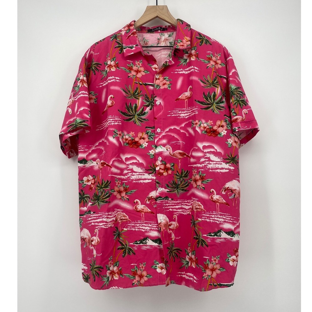 SSLR Button Down Shirt XL Pink Flamingo Tropical Floral Hawaiian Excellent